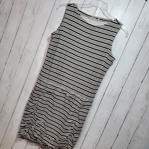 Athleta Women's Tulip Ruched Black Cream Stripe Sleeveless Dress Sz Large Petite - Picture 3 of 7